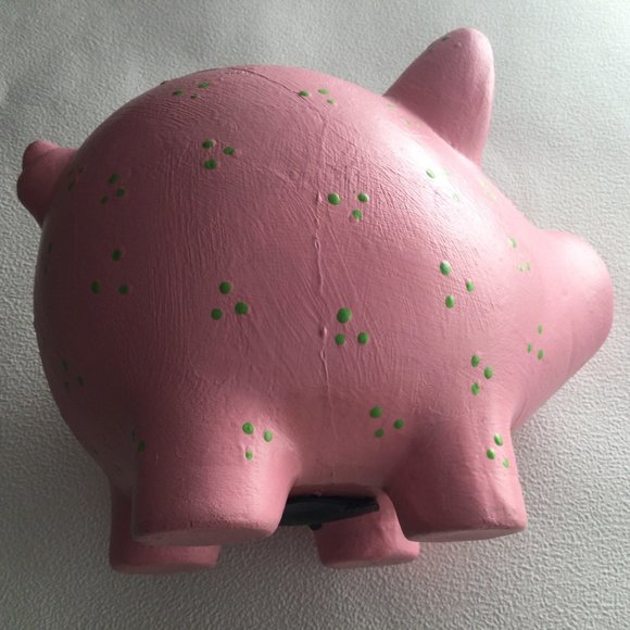 Big ceramic piggy bank figurine decoration pink with green dots - Picture 5 of 6